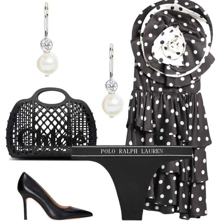 Outfit donna - Matrimonio a pois. Stile Glamour per Cerimonia. Abbinamento con vestiti corti, orecchini, perizomi, décolleté, borse a mano.
