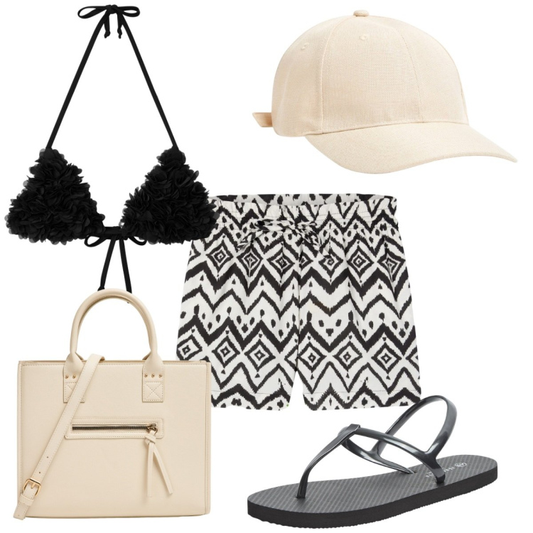 Outfit donna - Terranova Summer Sales: bianco e nero. Stile Trendy per Mare. Abbinamento con shorts, cappelli, sandali, shopping bag, bikini.