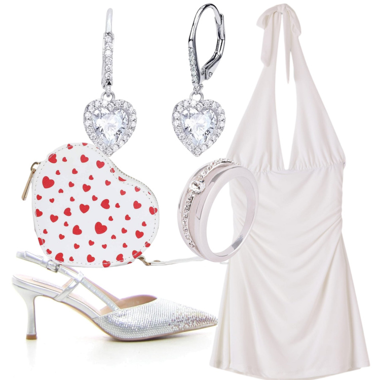 Outfit donna - Il ballo della sposa. Stile Glamour per Cerimonia. Abbinamento con anelli, vestiti corti, portafogli, orecchini, décolleté.