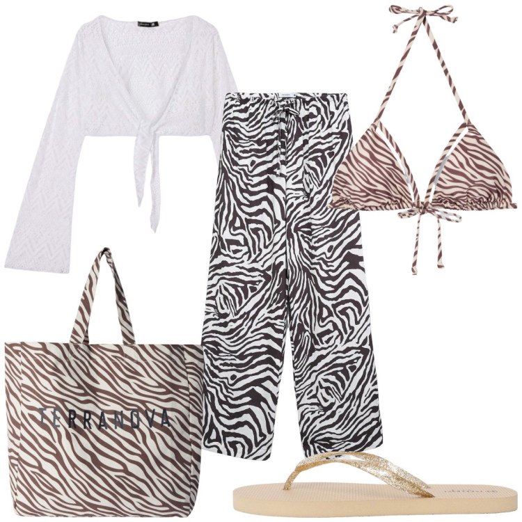 Outfit donna - Terranova Summer Sales 2025: zebrata!. Stile Trendy per Mare. Abbinamento con borse tote, pantaloni, bikini, bolero, infradito.