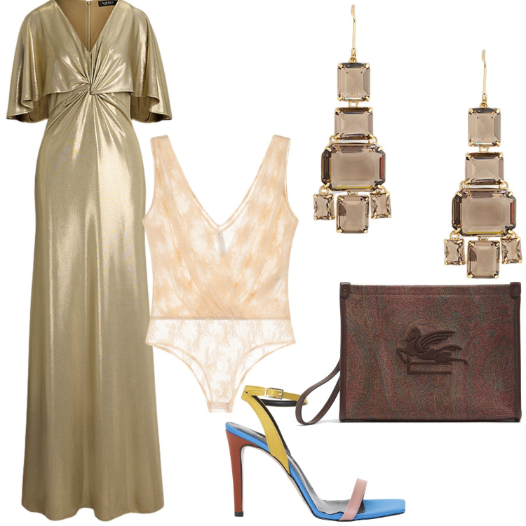 Outfit donna - La testimone d oro vestita. Stile Trendy per Cerimonia. Abbinamento con body, sandali col tacco, vestiti, orecchini, clutch.