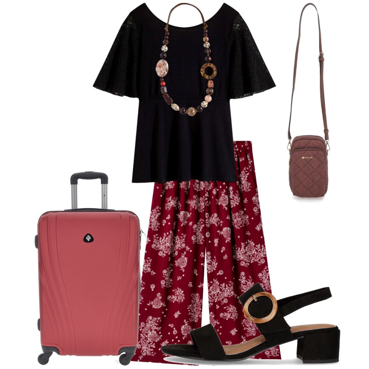 Outfit donna - Comoda in viaggio. Stile Casual chic per Tutti i giorni. Abbinamento con bluse, pantaloni a palazzo, borse a tracolla, sandali col tacco, valigie, collane.