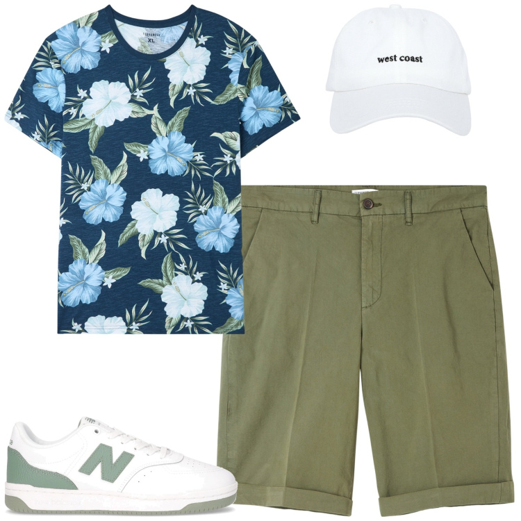 Outfit uomo - La t-shirt a fiori. Stile Casual per Tutti i giorni. Abbinamento con bermuda, t-shirt, cappelli, sneakers.