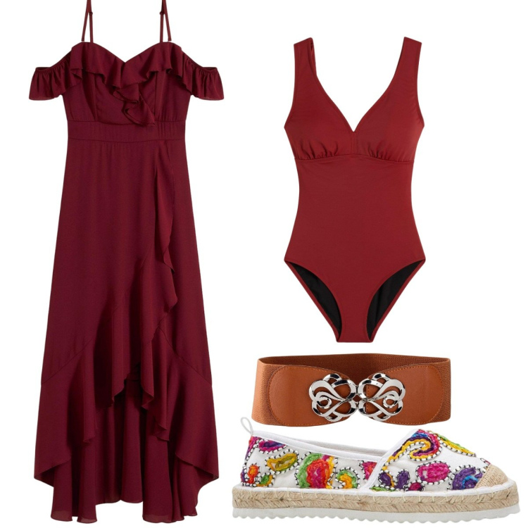 Outfit donna - Nuovi colori : rosso prugna. Stile Trendy per Mare. Abbinamento con vestiti, costumi interi, espadrillas, cinture.
