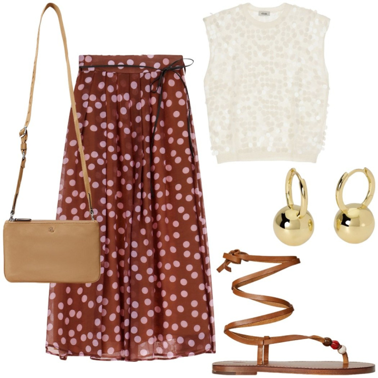 Outfit donna - Vita a pois. Stile Casual chic per Tutti i giorni. Abbinamento con orecchini, gonne lunghe, top, borse a tracolla, sandali gioiello.