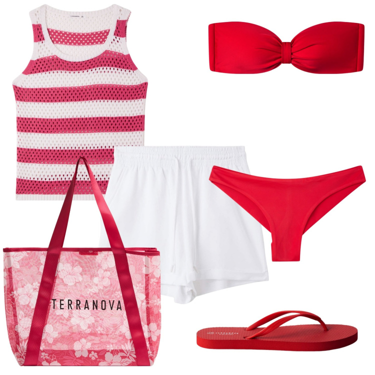Outfit donna - Da mettere in valigia. Stile Basic per Mare. Abbinamento con infradito, shorts, top, shopping bag, bikini, bikini.