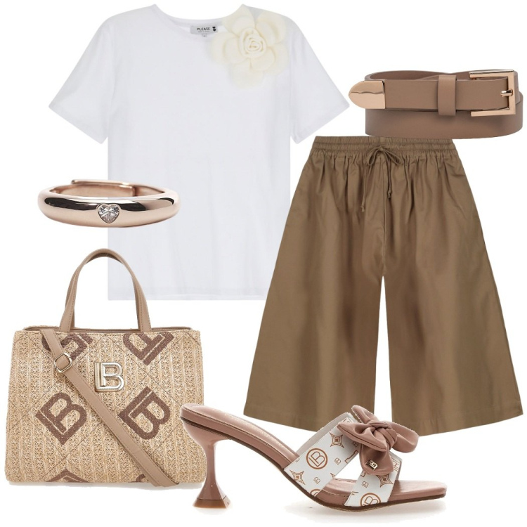 Outfit donna - Colori soft per il giorno. Stile Casual chic per Ufficio. Abbinamento con anelli, t-shirt, bermuda, cinture, sandali, borse a tracolla.