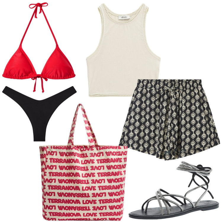 Outfit donna - Total look #2195532. Stile Basic per Mare. Abbinamento con sandali alla schiava, shorts, borse tote, bikini, bikini, top.