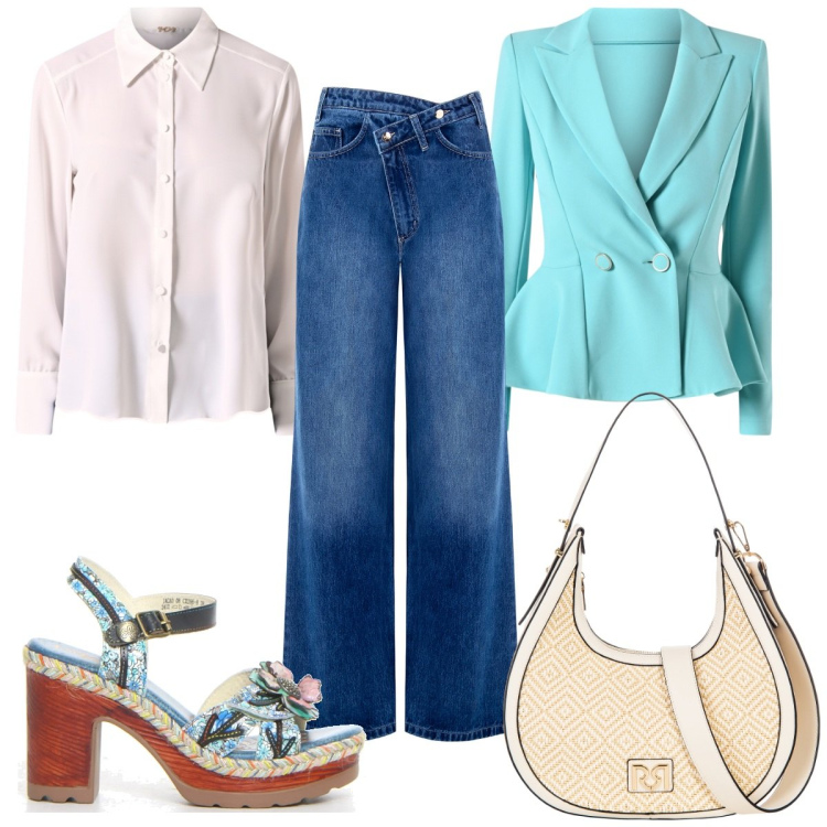 Outfit donna - Rinascimento Saldi estivi stile 70s. Stile 70s per Tutti i giorni. Abbinamento con jeans, blazer, borse a mano, camicie, sandali col tacco.