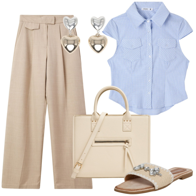 Outfit donna - Camicia leggera. Stile Bon Ton per Ufficio. Abbinamento con pantaloni, ciabatte, orecchini, camicie a manica corta, shopping bag.