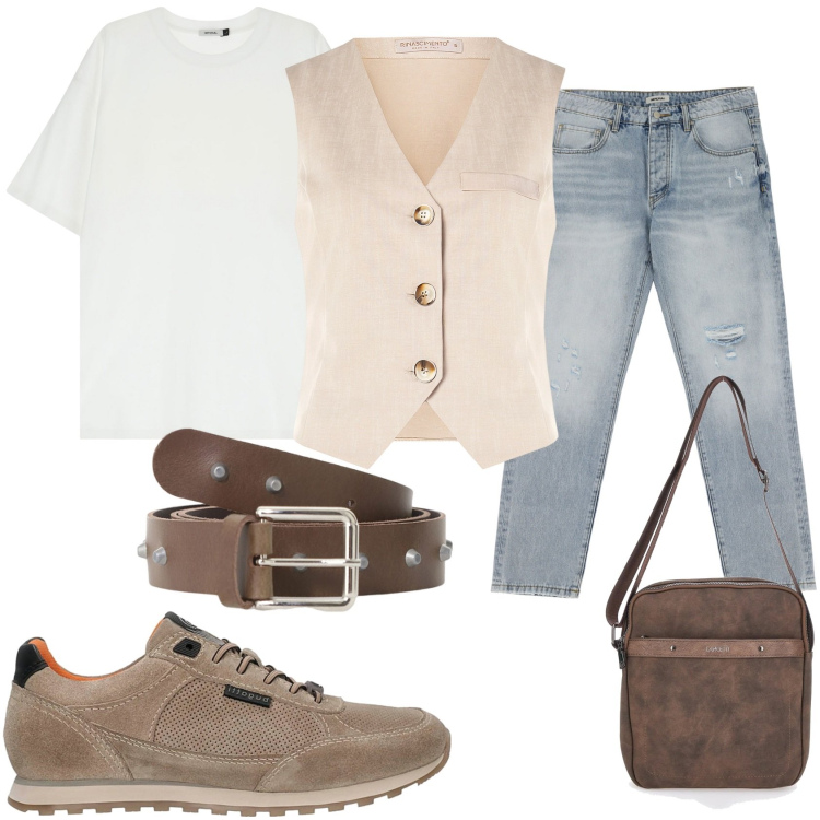 Outfit uomo - La serata fuori casa. Stile Trendy per Tutti i giorni. Abbinamento con gilet, jeans strappati, cinture, t-shirt, portafogli, sneakers.