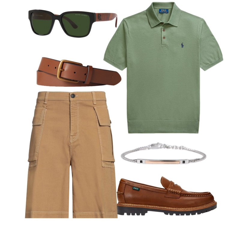 Outfit uomo - La polo per tutti i giorni. Stile Casual per Tutti i giorni. Abbinamento con shorts, braccialetti, cinture, scarpe stringate, maglieria, occhiali da sole.