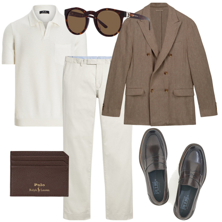 Outfit uomo - Look professionale. Stile Business/Elegante per Ufficio. Abbinamento con portafogli, pantaloni chino, maglieria, occhiali da sole, scarpe stringate, giacche.