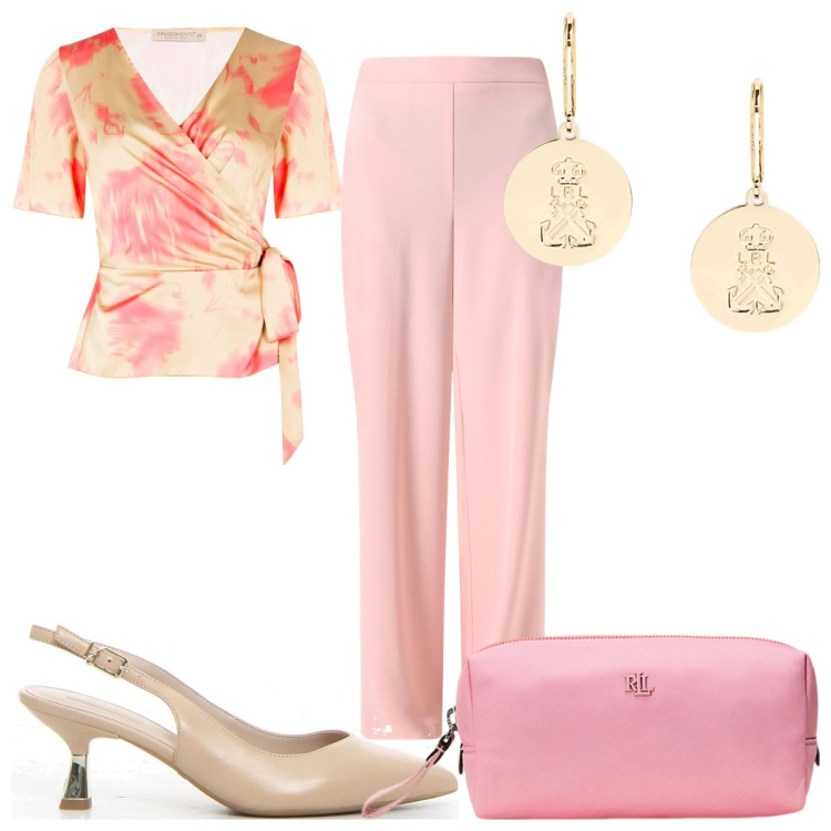 Outfit donna - Rinascimento - saldi in rosa. Stile Chic per Tutti i giorni. Abbinamento con bluse, pantaloni, orecchini, pochette, décolleté.