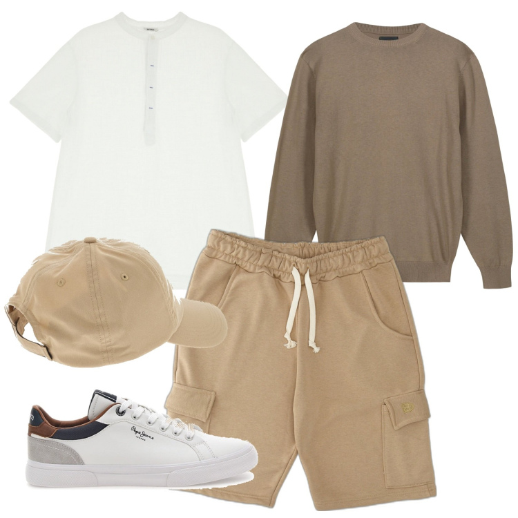 Outfit uomo - Basic in valigia. Stile Casual per Tutti i giorni. Abbinamento con t-shirt, pantaloni corti, cappelli, maglieria, sneakers.