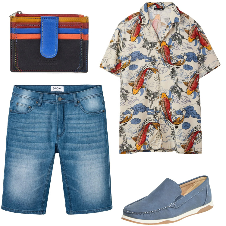 Outfit uomo - Giornata relax. Stile Casual per Tutti i giorni. Abbinamento con scarpe stringate, camicie a manica corta, bermuda, portafogli.
