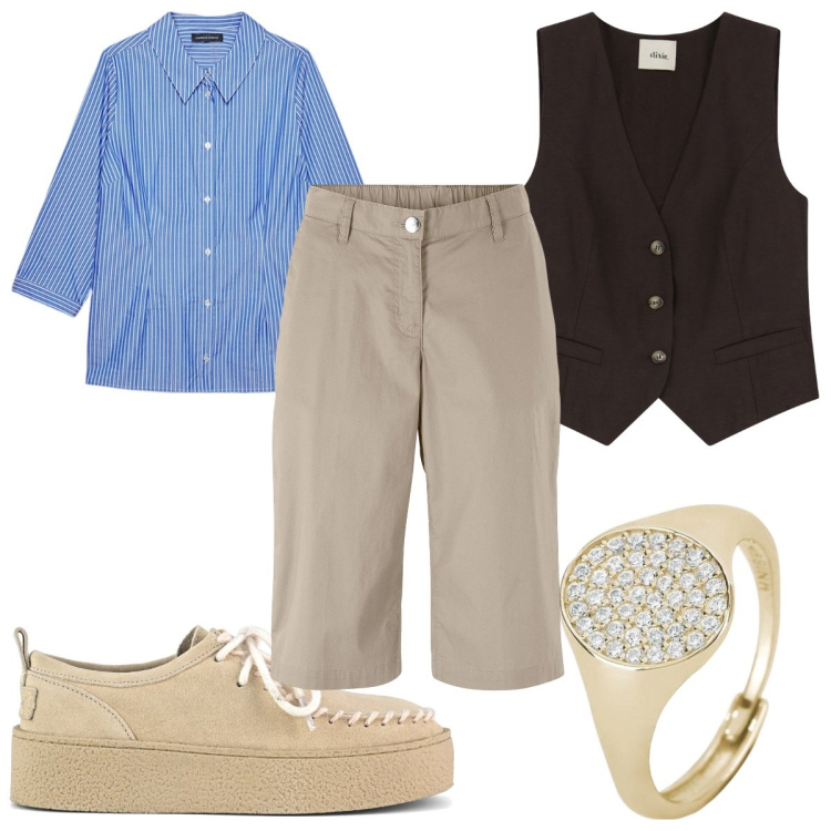 Outfit donna - Beige chiaro :trendy in città. Stile Trendy per Tutti i giorni. Abbinamento con bermuda, anelli, gilet, mocassini, camicie.