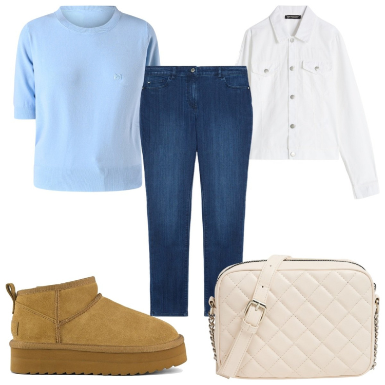 Outfit donna - Vacanze in montagna: in jeans!. Stile Trendy per Tutti i giorni. Abbinamento con borse a tracolla, maglieria, blazer, stivaletti, jeans skinny.