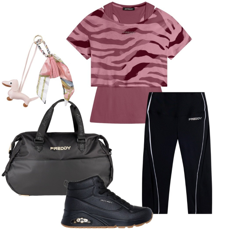 Outfit donna - Sport. Stile Sporty chic per Sport. Abbinamento con t-shirt, borse sportive, leggings, portachiavi, sneakers.