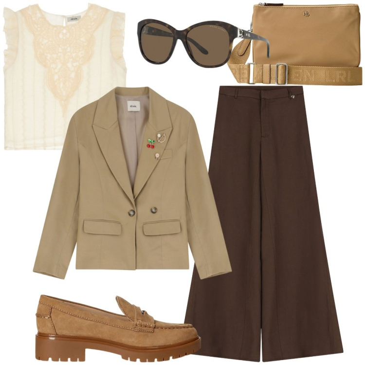 Outfit donna - Saldi Dixie. Stile Casual chic per Ufficio. Abbinamento con blazer, top, pantaloni, mocassini, borse a tracolla, occhiali da sole.