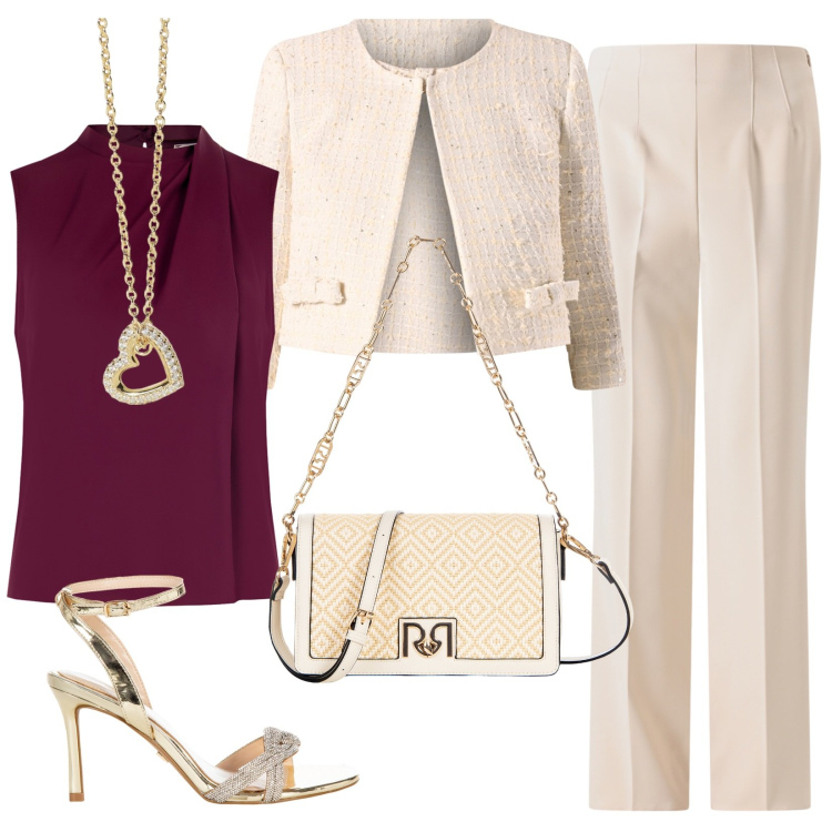 Outfit donna - Cerimonia con i saldi Rinascimento. Stile Bon Ton per Cerimonia. Abbinamento con collane, top, pantaloni a palazzo, blazer, sandali col tacco, borse a tracolla.
