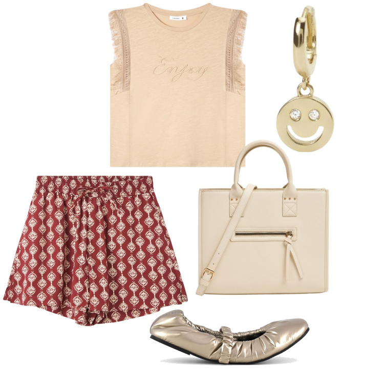 Outfit donna - Vestiti chiaro. per Tutti i giorni. Abbinamento con t-shirt, shopping bag, shorts, orecchini, ballerine.