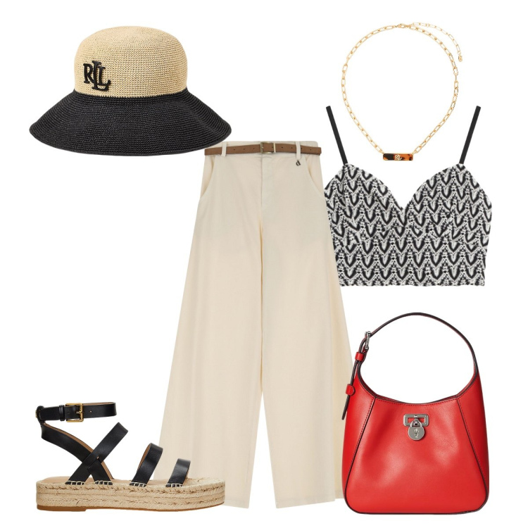 Outfit donna - Trendy!!. Stile Trendy per Tutti i giorni. Abbinamento con top, pantaloni a palazzo, borse a tracolla, collane, espadrillas, cappelli.