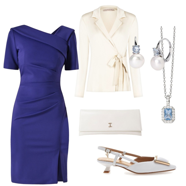Outfit donna - Blu e bianco. Stile Chic per Cerimonia. Abbinamento con orecchini, ciondoli, vestiti a tubino, blazer, pochette, décolleté.