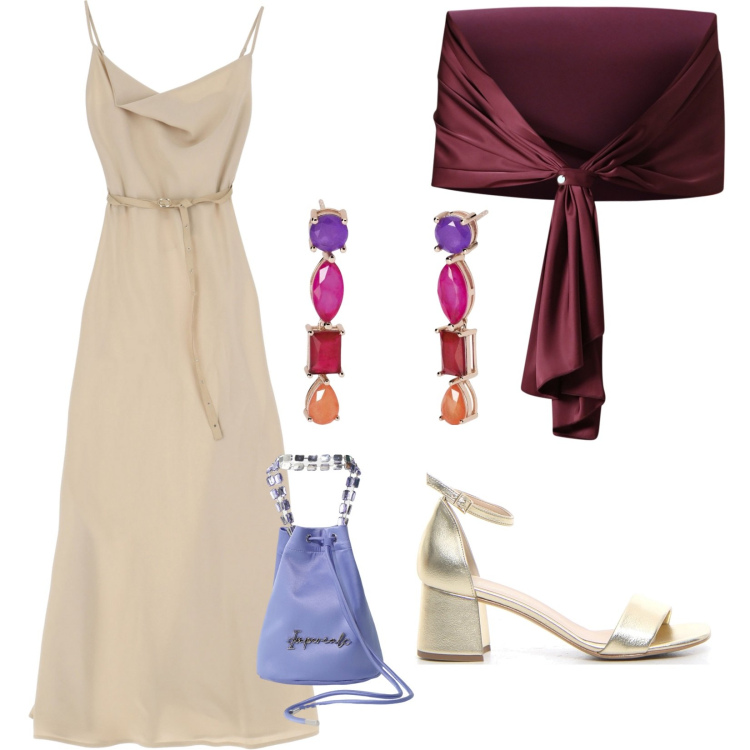 Outfit donna - Abito lungo. per Cerimonia. Abbinamento con orecchini, scialli, borse a secchiello, vestiti lunghi, sandali col tacco.