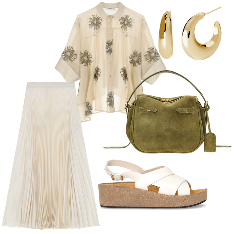 Outfit donna - Eleganza naturale. per Tutti i giorni. Abbinamento con orecchini, gonne lunghe, camicie, borse a mano, sandali.