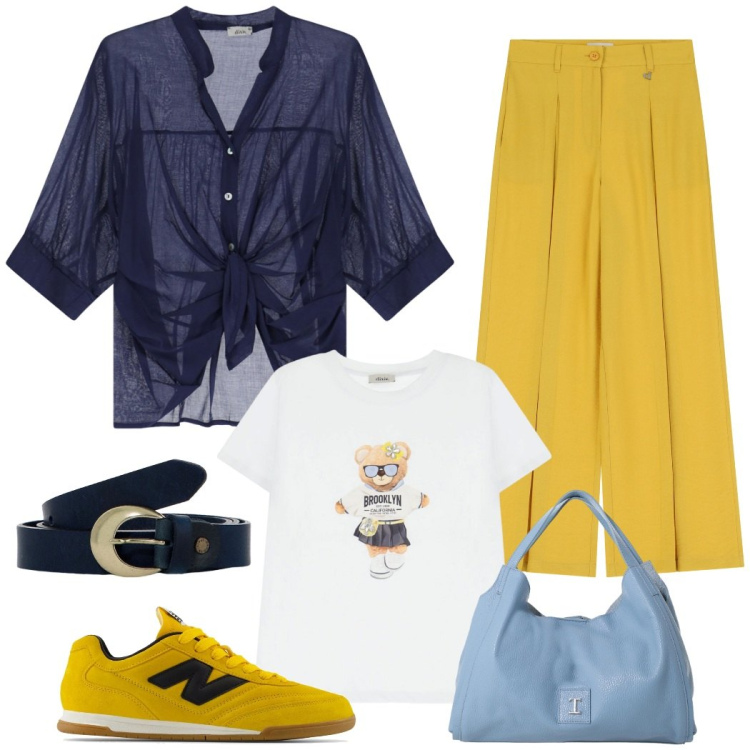 Outfit donna - Senape e blu casual chic. Stile Casual chic per Tutti i giorni. Abbinamento con sneakers, pochette, pantaloni a palazzo, camicie, t-shirt, cinture.