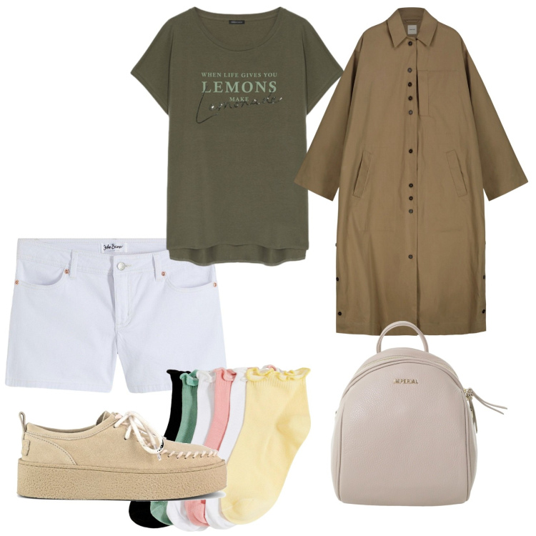 Outfit donna - Vacanze in montagna. per Tutti i giorni. Abbinamento con shorts, calzini, zaini, mocassini, t-shirt, trench.