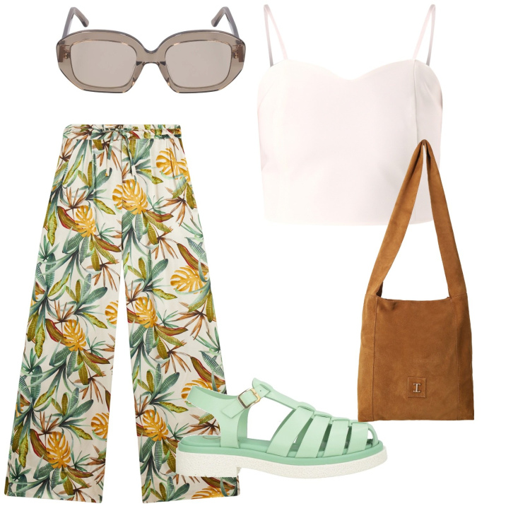 Outfit donna - In città. per Tutti i giorni. Abbinamento con sandali in pelle, canottiere, pantaloni culotte, borse a tracolla, occhiali da sole.