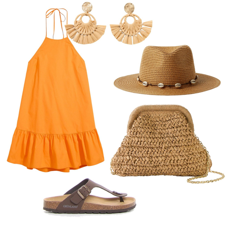 Outfit donna - Arancio estate. per Mare. Abbinamento con borse a tracolla, orecchini, vestiti corti, cappelli, ciabatte.
