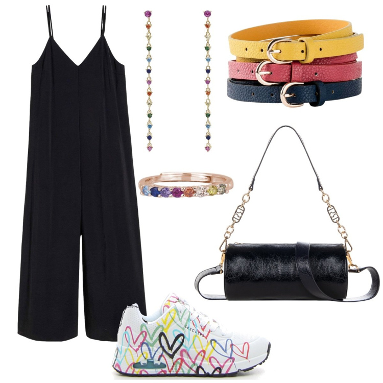 Outfit donna - Multicolor. Stile Sporty chic per Tutti i giorni. Abbinamento con tute, cinture, anelli, orecchini, borse a mano, sneakers.