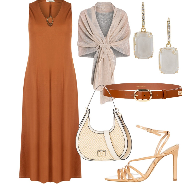 Outfit donna - Vestito marrone. Stile Chic per Cerimonia. Abbinamento con stole, cinture, vestiti senza maniche, sandali col tacco, borse a mano, orecchini.