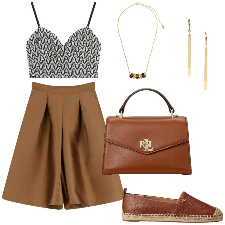 Outfit donna - Passeggiata ad Amalfi. Stile Casual chic per Tutti i giorni. Abbinamento con bermuda, top, collane, espadrillas, borse a mano, orecchini.
