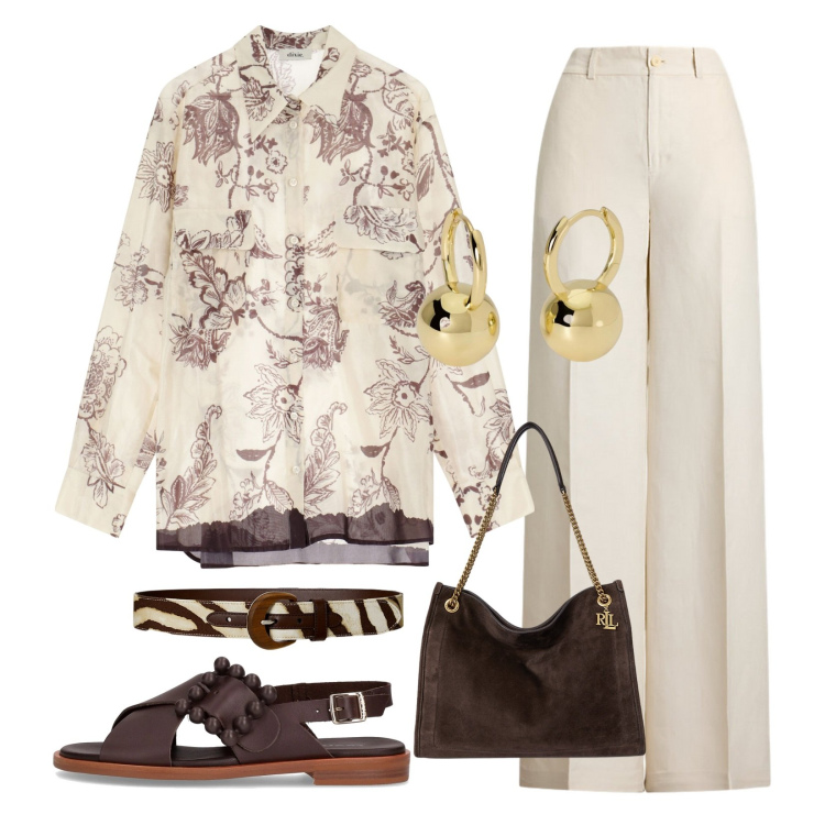 Outfit donna - Elegante e Naturale!. Stile Chic per Serata fuori. Abbinamento con orecchini, camicie, pantaloni, cinture, borse tote, sandali.