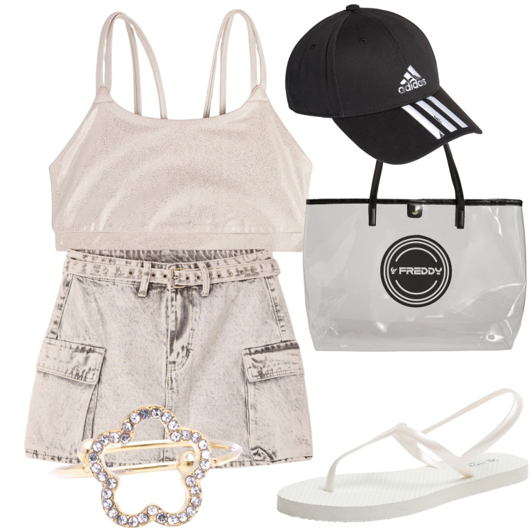 Outfit donna - The heat of summer. Stile Casual chic per Tutti i giorni. Abbinamento con minigonne, sandali, canottiere, shopping bag, anelli, cappelli.