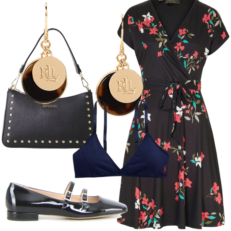 Outfit donna - Stasera a cena fuori. Stile Bon Ton per Serata fuori. Abbinamento con vestiti, borse a spalla, reggiseni, orecchini, ballerine.