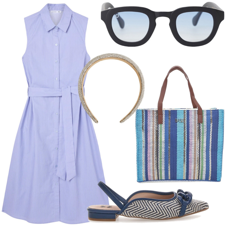 Outfit donna - Pomeriggio in centro bella fresca. Stile Urban per Tutti i giorni. Abbinamento con vestiti chemisier, cerchietti, occhiali da sole, ballerine, shopping bag.