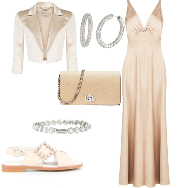 Outfit donna - Total look #2195645. Stile Chic per Serata fuori. Abbinamento con orecchini, braccialetti, bolero, vestiti lunghi, borse a tracolla, sandali.