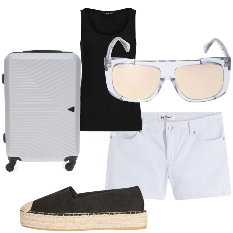 Outfit donna - Pronti partenza via!!!. Stile Casual per Tutti i giorni. Abbinamento con shorts, espadrillas, canottiere, occhiali da sole, valigie.