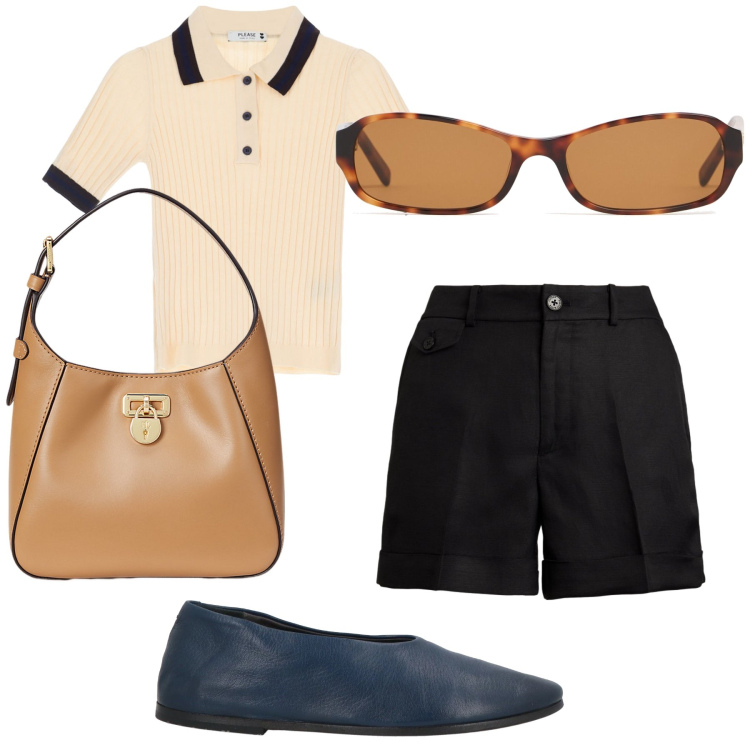 Outfit donna - Una bella passeggiata. Stile Casual chic per Tutti i giorni. Abbinamento con ballerine, maglieria, shorts, borse a tracolla, occhiali da sole.