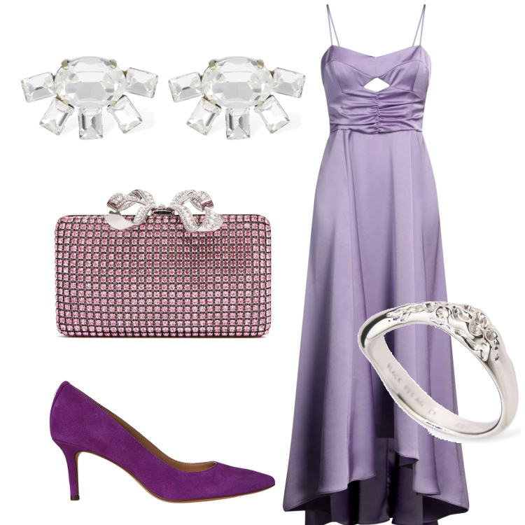 Outfit donna - Inimitabile sera d estate. Stile Glamour per Serata fuori. Abbinamento con vestiti asimmetrici, décolleté, anelli, orecchini, pochette.