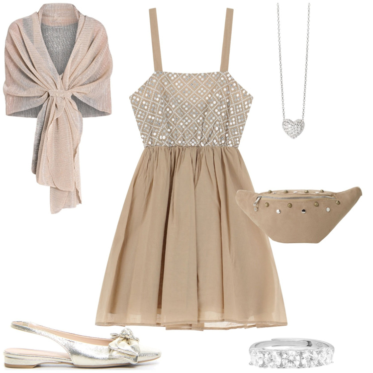 Outfit donna - Serata glamour. Stile Glamour per Serata fuori. Abbinamento con anelli, collane, stole, vestiti corti, marsupi, sandali in pelle.