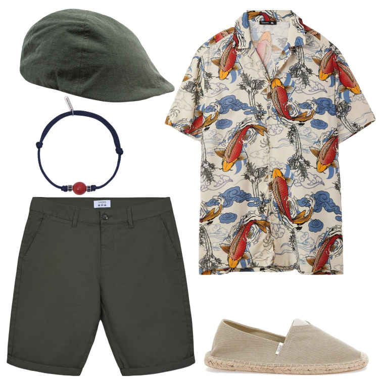 Outfit uomo - In vacanza. Stile Casual per Tutti i giorni. Abbinamento con camicie a manica corta, bermuda, braccialetti, cappelli con visiera, espadrillas.