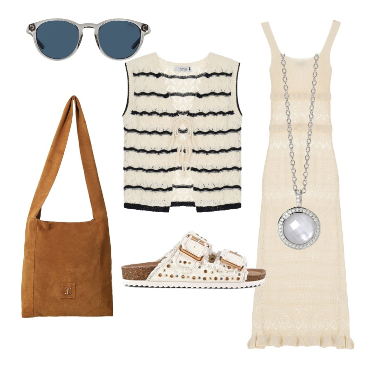 Outfit donna - Boho chic crochet. Stile Boho per Tutti i giorni. Abbinamento con collane, top, vestiti midi/longuette, borse a tracolla, occhiali da sole, sandali.