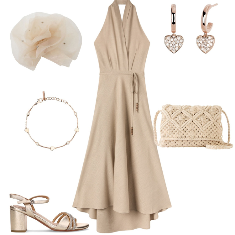 Outfit donna - Cerimonia evento serata. Stile Chic per Serata fuori. Abbinamento con borse a tracolla, orecchini, braccialetti, vestiti lunghi, foulard, sandali in pelle.