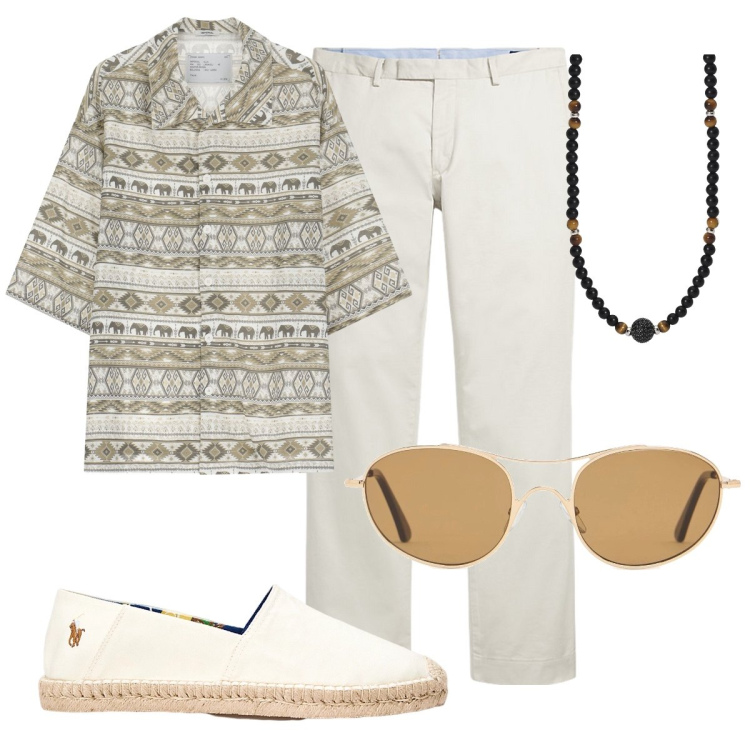 Outfit uomo - Aperito sotto le palme. Stile Trendy per Mare. Abbinamento con collane, camicie a manica corta, pantaloni chino, espadrillas, occhiali da sole.
